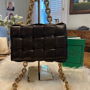 Bottega Veneta Black Intrecciato Crossbody with Gold Chain
